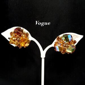 Vintage Vogue Crystal Beaded Clip Earrings, Unique Cut Beads, 1960s